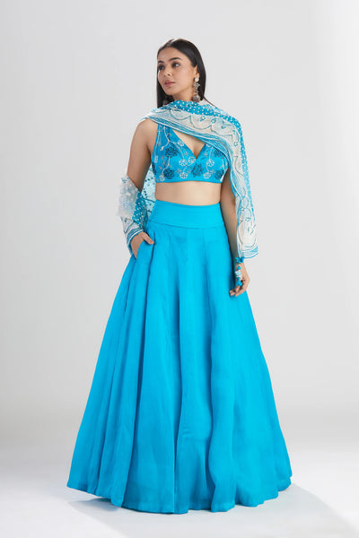 Blue Silk Lehenga with Scarf Indian Clothing in Denver, CO, Aurora, CO, Boulder, CO, Fort Collins, CO, Colorado Springs, CO, Parker, CO, Highlands Ranch, CO, Cherry Creek, CO, Centennial, CO, and Longmont, CO. NATIONWIDE SHIPPING USA- India Fashion X