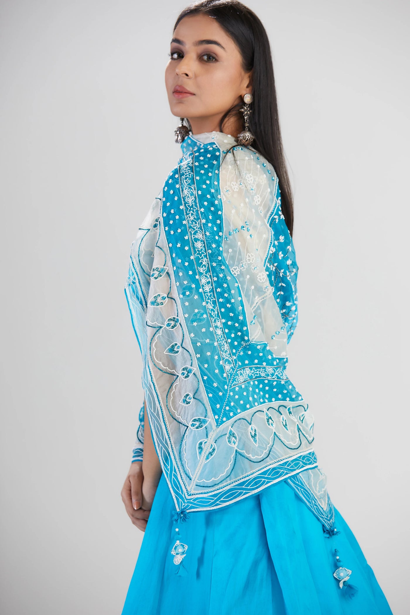 Blue Silk Lehenga with Scarf Indian Clothing in Denver, CO, Aurora, CO, Boulder, CO, Fort Collins, CO, Colorado Springs, CO, Parker, CO, Highlands Ranch, CO, Cherry Creek, CO, Centennial, CO, and Longmont, CO. NATIONWIDE SHIPPING USA- India Fashion X