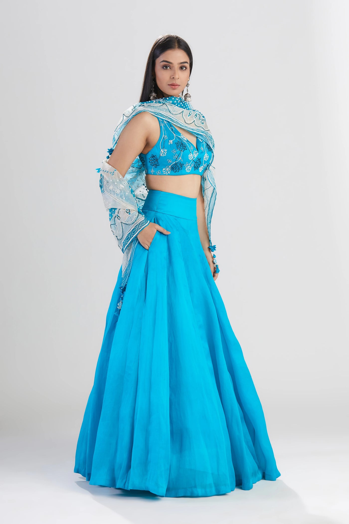 Blue Silk Lehenga with Scarf Indian Clothing in Denver, CO, Aurora, CO, Boulder, CO, Fort Collins, CO, Colorado Springs, CO, Parker, CO, Highlands Ranch, CO, Cherry Creek, CO, Centennial, CO, and Longmont, CO. NATIONWIDE SHIPPING USA- India Fashion X