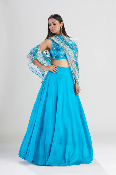 Blue Silk Lehenga with Scarf Indian Clothing in Denver, CO, Aurora, CO, Boulder, CO, Fort Collins, CO, Colorado Springs, CO, Parker, CO, Highlands Ranch, CO, Cherry Creek, CO, Centennial, CO, and Longmont, CO. NATIONWIDE SHIPPING USA- India Fashion X