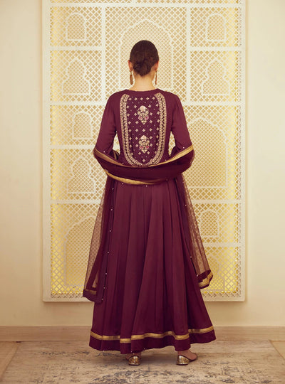 Wine Silk Anarkali Set Indian Clothing in Denver, CO, Aurora, CO, Boulder, CO, Fort Collins, CO, Colorado Springs, CO, Parker, CO, Highlands Ranch, CO, Cherry Creek, CO, Centennial, CO, and Longmont, CO. NATIONWIDE SHIPPING USA- India Fashion X