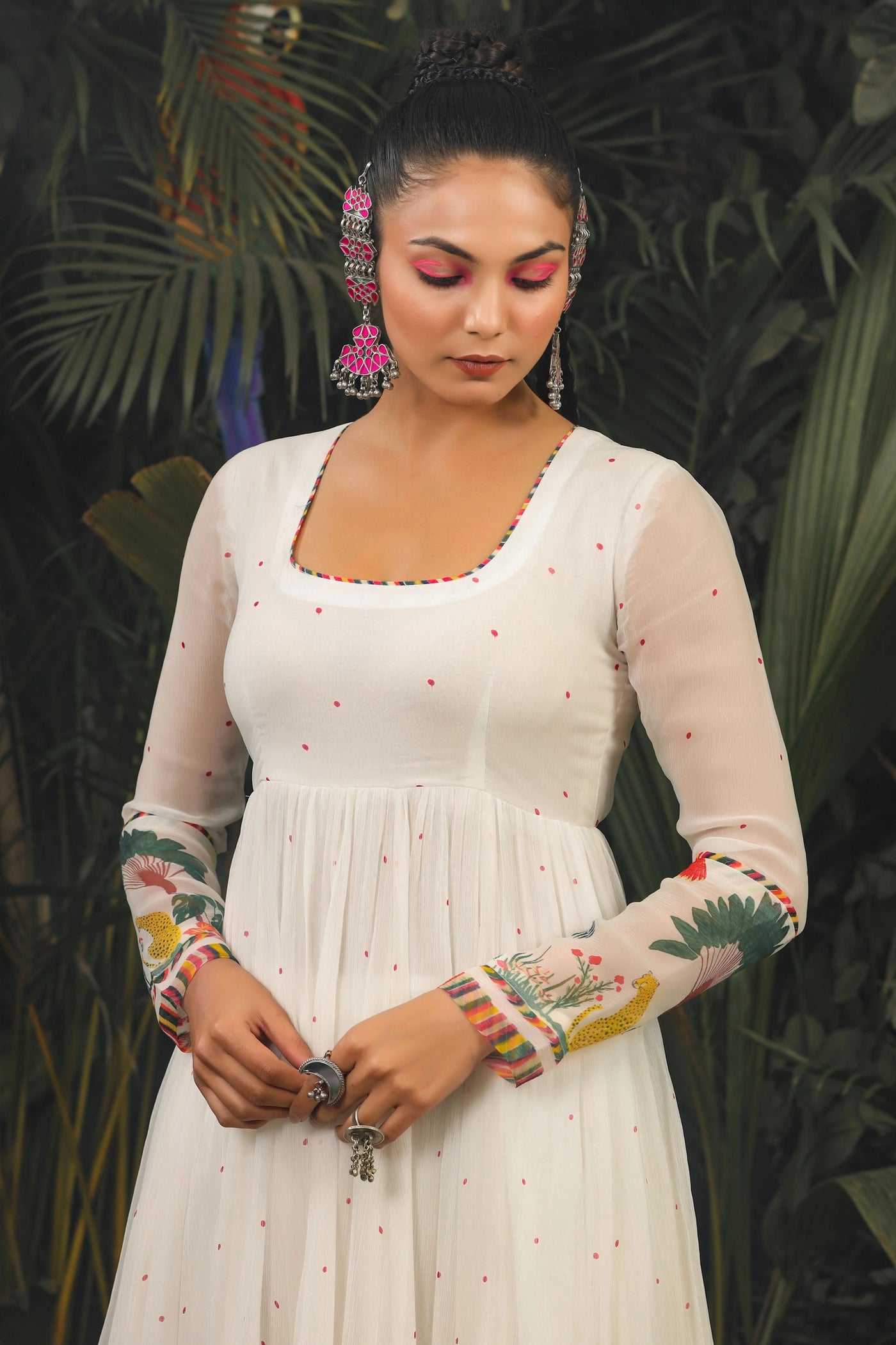 White Tropical Anarkali Indian Clothing in Denver, CO, Aurora, CO, Boulder, CO, Fort Collins, CO, Colorado Springs, CO, Parker, CO, Highlands Ranch, CO, Cherry Creek, CO, Centennial, CO, and Longmont, CO. NATIONWIDE SHIPPING USA- India Fashion X