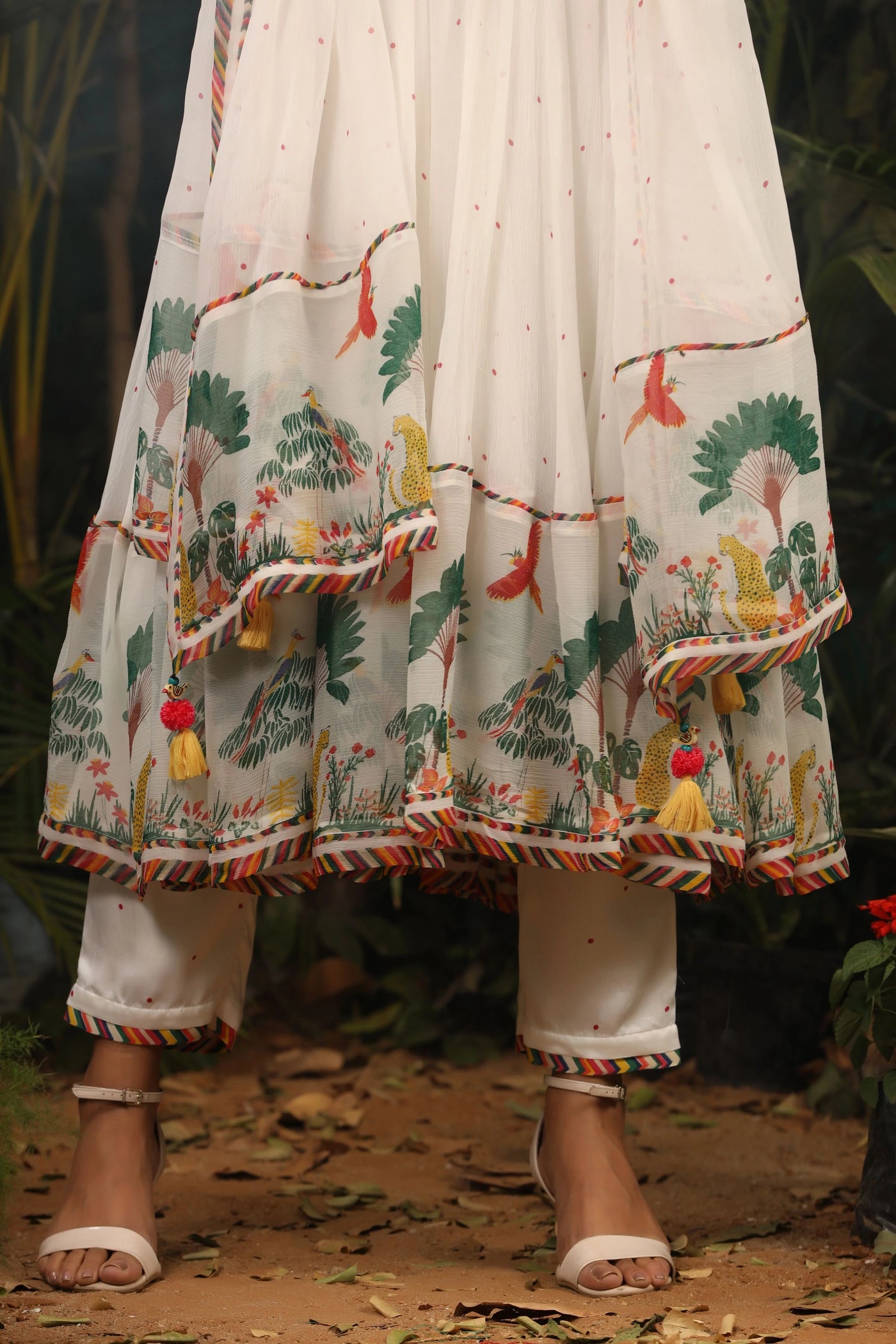 White Tropical Anarkali Indian Clothing in Denver, CO, Aurora, CO, Boulder, CO, Fort Collins, CO, Colorado Springs, CO, Parker, CO, Highlands Ranch, CO, Cherry Creek, CO, Centennial, CO, and Longmont, CO. NATIONWIDE SHIPPING USA- India Fashion X