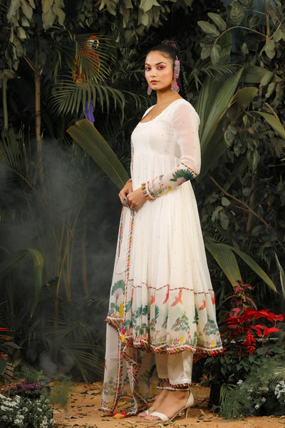 White Tropical Anarkali Indian Clothing in Denver, CO, Aurora, CO, Boulder, CO, Fort Collins, CO, Colorado Springs, CO, Parker, CO, Highlands Ranch, CO, Cherry Creek, CO, Centennial, CO, and Longmont, CO. NATIONWIDE SHIPPING USA- India Fashion X