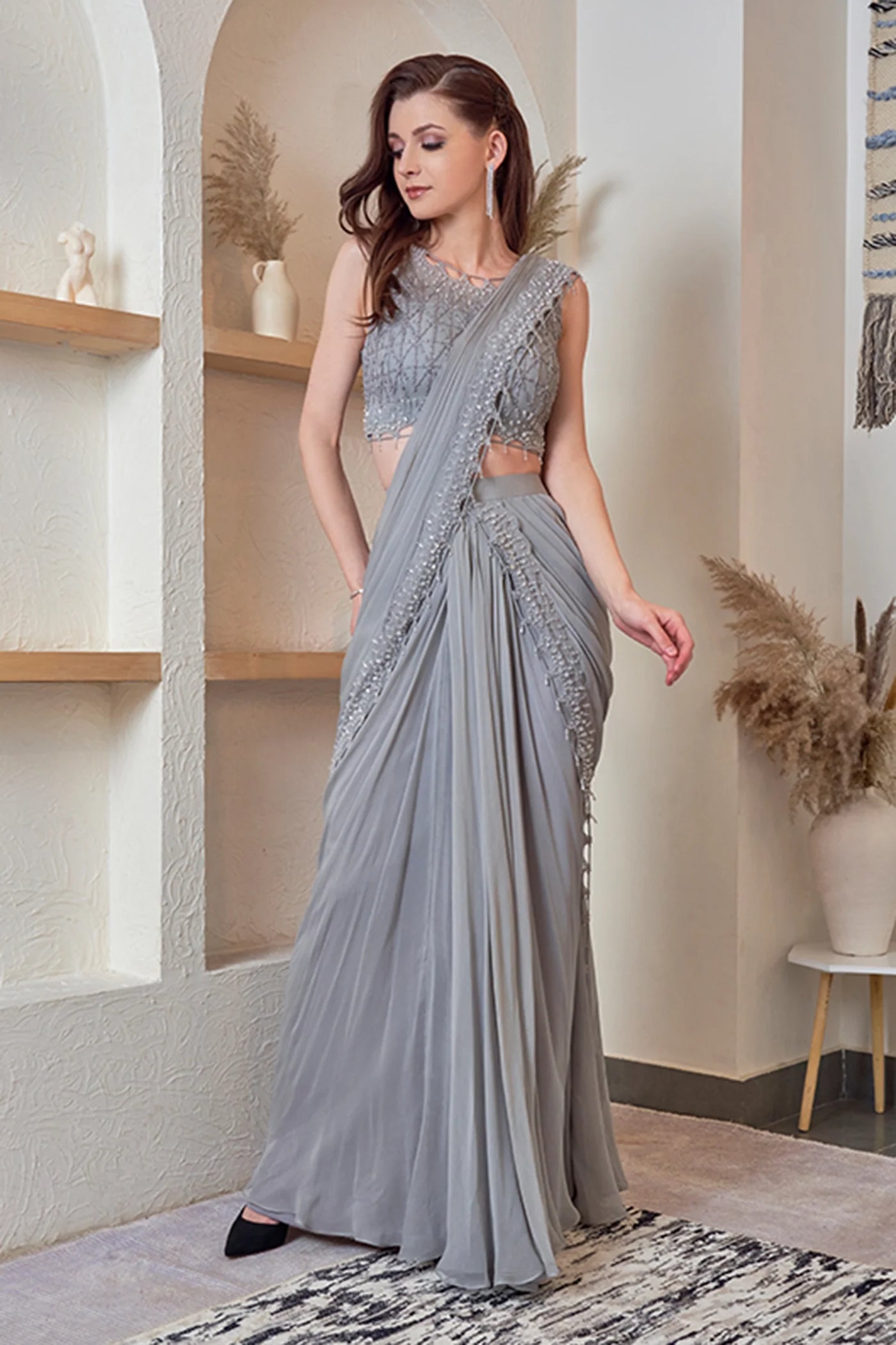 Rocky Grey Pre-draped Saree - Indian Clothing in Denver, CO, Aurora, CO, Boulder, CO, Fort Collins, CO, Colorado Springs, CO, Parker, CO, Highlands Ranch, CO, Cherry Creek, CO, Centennial, CO, and Longmont, CO. Nationwide shipping USA - India Fashion X