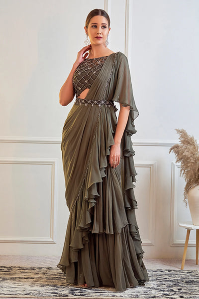 Olive Green Pre-draped Saree - Indian Clothing in Denver, CO, Aurora, CO, Boulder, CO, Fort Collins, CO, Colorado Springs, CO, Parker, CO, Highlands Ranch, CO, Cherry Creek, CO, Centennial, CO, and Longmont, CO. Nationwide shipping USA - India Fashion X