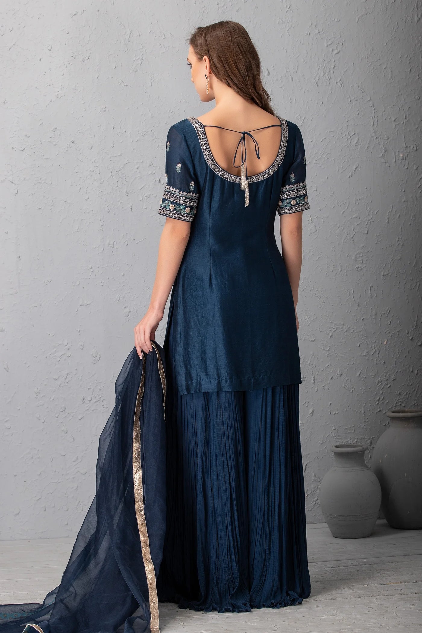 Blue Silk Sharara Set Indian Clothing in Denver, CO, Aurora, CO, Boulder, CO, Fort Collins, CO, Colorado Springs, CO, Parker, CO, Highlands Ranch, CO, Cherry Creek, CO, Centennial, CO, and Longmont, CO. NATIONWIDE SHIPPING USA- India Fashion X