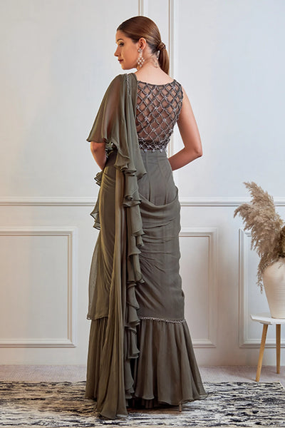 Olive Green Pre-draped Saree - Indian Clothing in Denver, CO, Aurora, CO, Boulder, CO, Fort Collins, CO, Colorado Springs, CO, Parker, CO, Highlands Ranch, CO, Cherry Creek, CO, Centennial, CO, and Longmont, CO. Nationwide shipping USA - India Fashion X