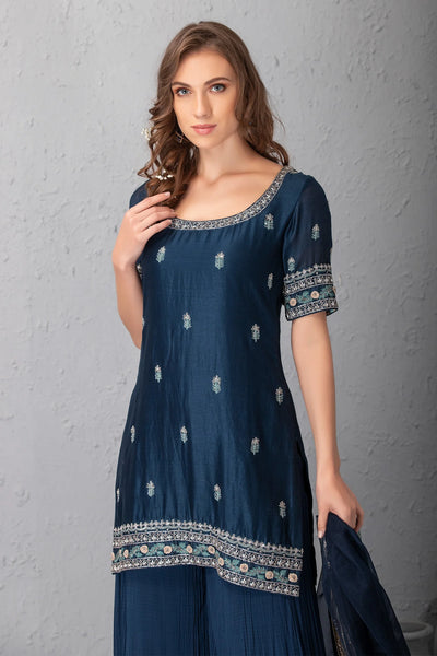 Blue Silk Sharara Set Indian Clothing in Denver, CO, Aurora, CO, Boulder, CO, Fort Collins, CO, Colorado Springs, CO, Parker, CO, Highlands Ranch, CO, Cherry Creek, CO, Centennial, CO, and Longmont, CO. NATIONWIDE SHIPPING USA- India Fashion X