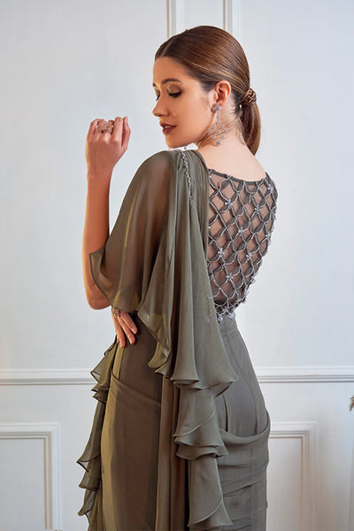 Olive Green Pre-draped Saree - Indian Clothing in Denver, CO, Aurora, CO, Boulder, CO, Fort Collins, CO, Colorado Springs, CO, Parker, CO, Highlands Ranch, CO, Cherry Creek, CO, Centennial, CO, and Longmont, CO. Nationwide shipping USA - India Fashion X
