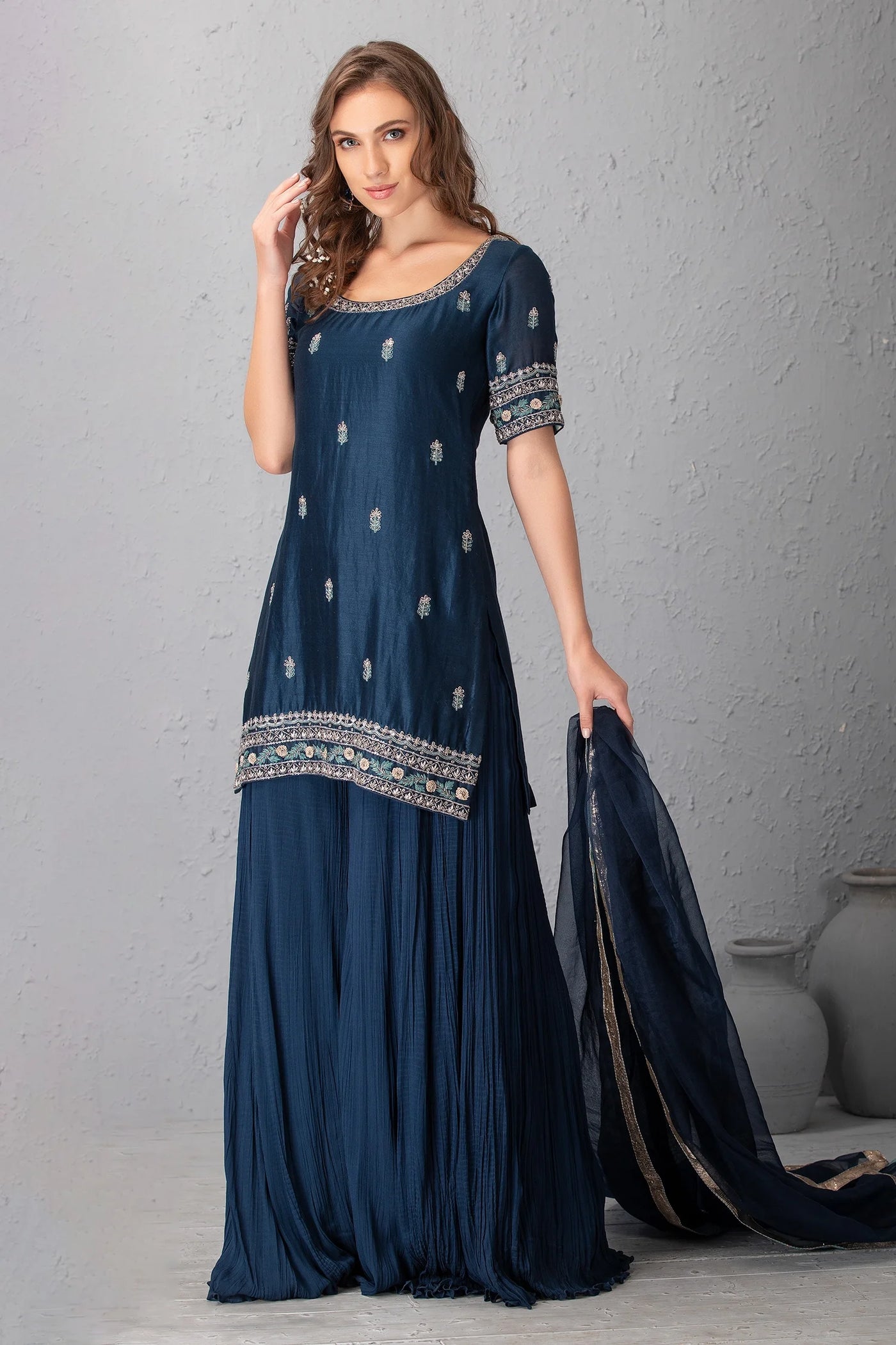 Blue Silk Sharara Set Indian Clothing in Denver, CO, Aurora, CO, Boulder, CO, Fort Collins, CO, Colorado Springs, CO, Parker, CO, Highlands Ranch, CO, Cherry Creek, CO, Centennial, CO, and Longmont, CO. NATIONWIDE SHIPPING USA- India Fashion X