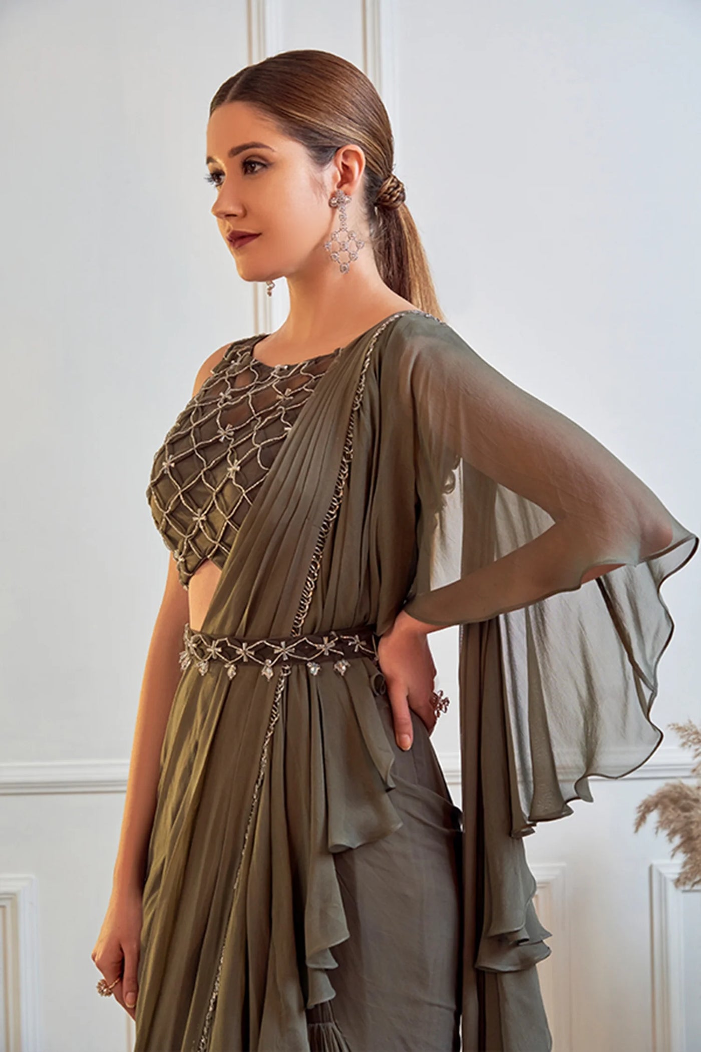 Olive Green Pre-draped Saree - Indian Clothing in Denver, CO, Aurora, CO, Boulder, CO, Fort Collins, CO, Colorado Springs, CO, Parker, CO, Highlands Ranch, CO, Cherry Creek, CO, Centennial, CO, and Longmont, CO. Nationwide shipping USA - India Fashion X