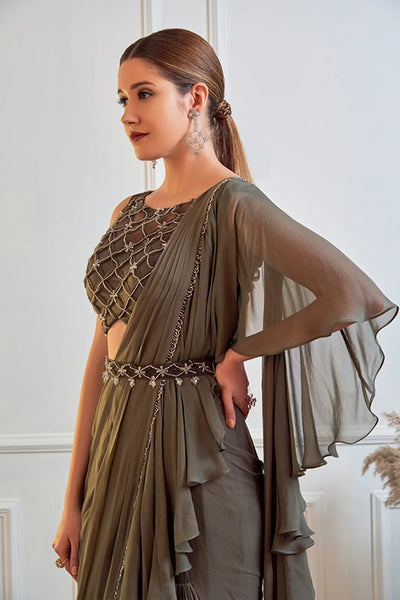 Olive Green Pre-draped Saree - Indian Clothing in Denver, CO, Aurora, CO, Boulder, CO, Fort Collins, CO, Colorado Springs, CO, Parker, CO, Highlands Ranch, CO, Cherry Creek, CO, Centennial, CO, and Longmont, CO. Nationwide shipping USA - India Fashion X