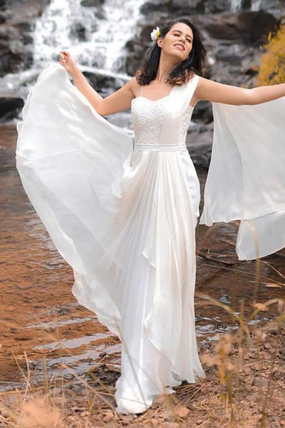 White Draped Saree Gown - Indian Clothing in Denver, CO, Aurora, CO, Boulder, CO, Fort Collins, CO, Colorado Springs, CO, Parker, CO, Highlands Ranch, CO, Cherry Creek, CO, Centennial, CO, and Longmont, CO. Nationwide shipping USA - India Fashion X