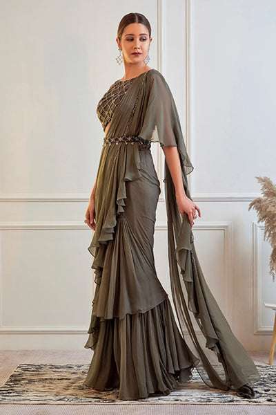 Olive Green Pre-draped Saree - Indian Clothing in Denver, CO, Aurora, CO, Boulder, CO, Fort Collins, CO, Colorado Springs, CO, Parker, CO, Highlands Ranch, CO, Cherry Creek, CO, Centennial, CO, and Longmont, CO. Nationwide shipping USA - India Fashion X