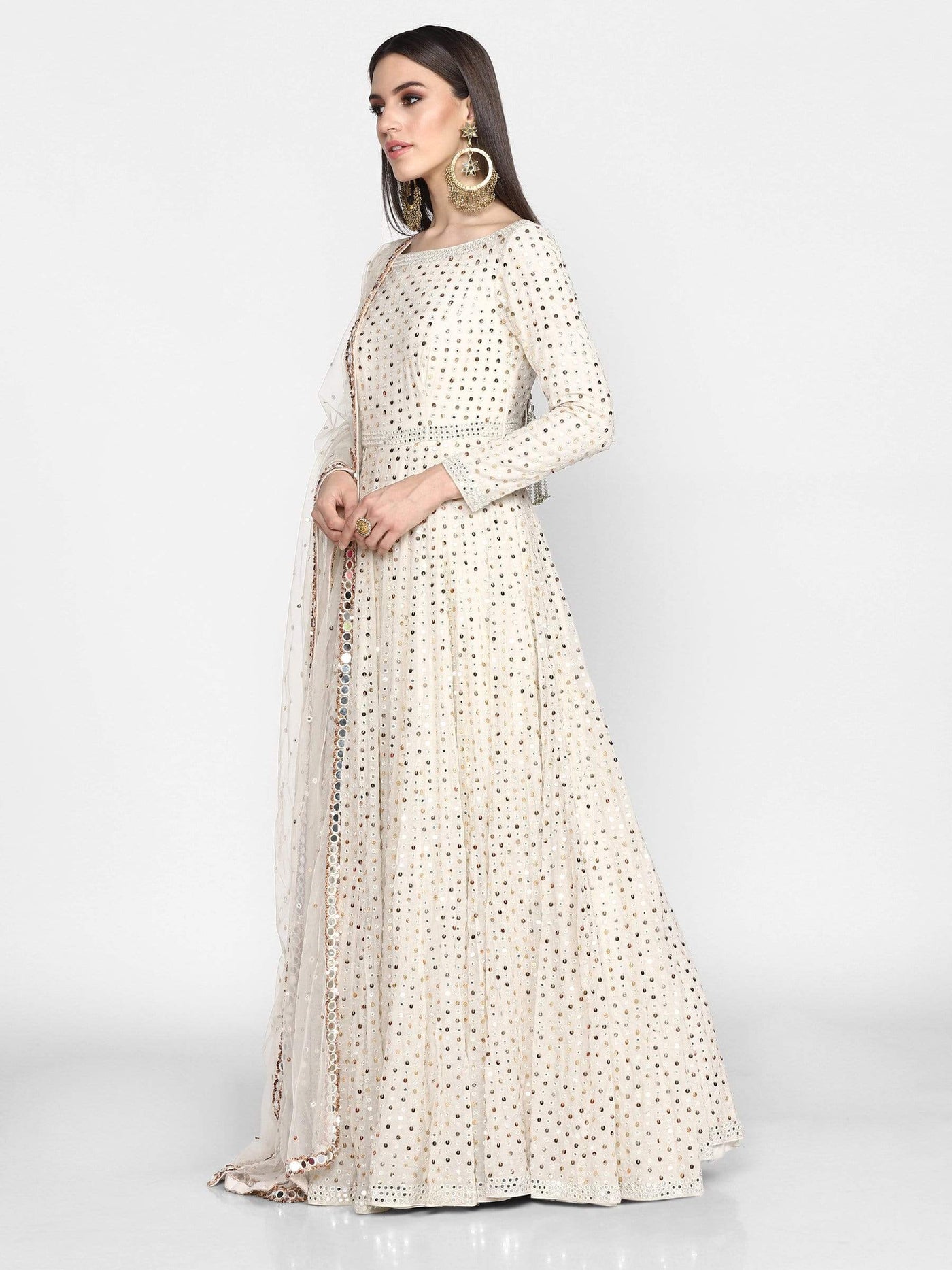 Off-White Anarkali Gown - Indian Clothing in Denver, CO, Aurora, CO, Boulder, CO, Fort Collins, CO, Colorado Springs, CO, Parker, CO, Highlands Ranch, CO, Cherry Creek, CO, Centennial, CO, and Longmont, CO. Nationwide shipping USA - India Fashion X