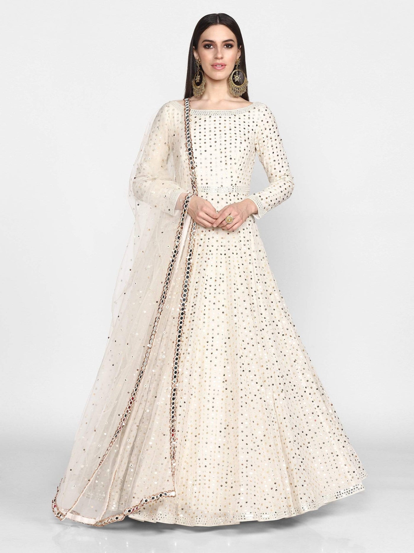 Off-White Anarkali Gown - Indian Clothing in Denver, CO, Aurora, CO, Boulder, CO, Fort Collins, CO, Colorado Springs, CO, Parker, CO, Highlands Ranch, CO, Cherry Creek, CO, Centennial, CO, and Longmont, CO. Nationwide shipping USA - India Fashion X
