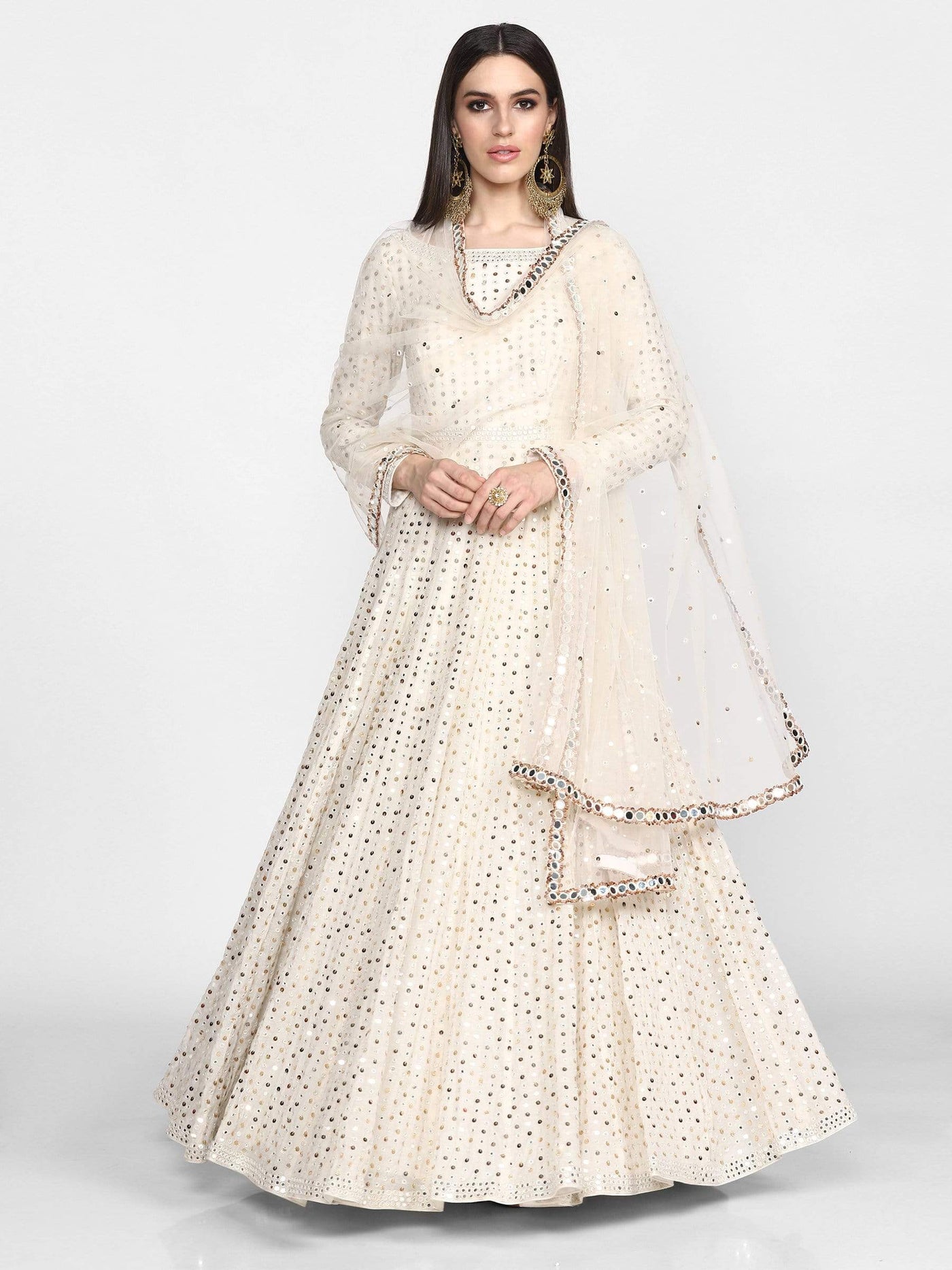 Off-White Anarkali Gown - Indian Clothing in Denver, CO, Aurora, CO, Boulder, CO, Fort Collins, CO, Colorado Springs, CO, Parker, CO, Highlands Ranch, CO, Cherry Creek, CO, Centennial, CO, and Longmont, CO. Nationwide shipping USA - India Fashion X