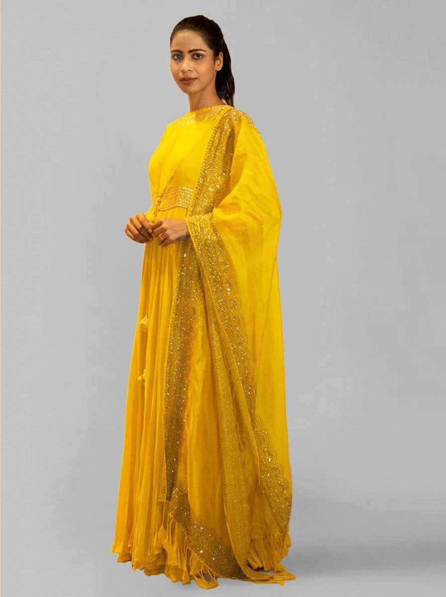Yellow Asymmetrical Anarkali - Indian Clothing in Denver, CO, Aurora, CO, Boulder, CO, Fort Collins, CO, Colorado Springs, CO, Parker, CO, Highlands Ranch, CO, Cherry Creek, CO, Centennial, CO, and Longmont, CO. Nationwide shipping USA - India Fashion X