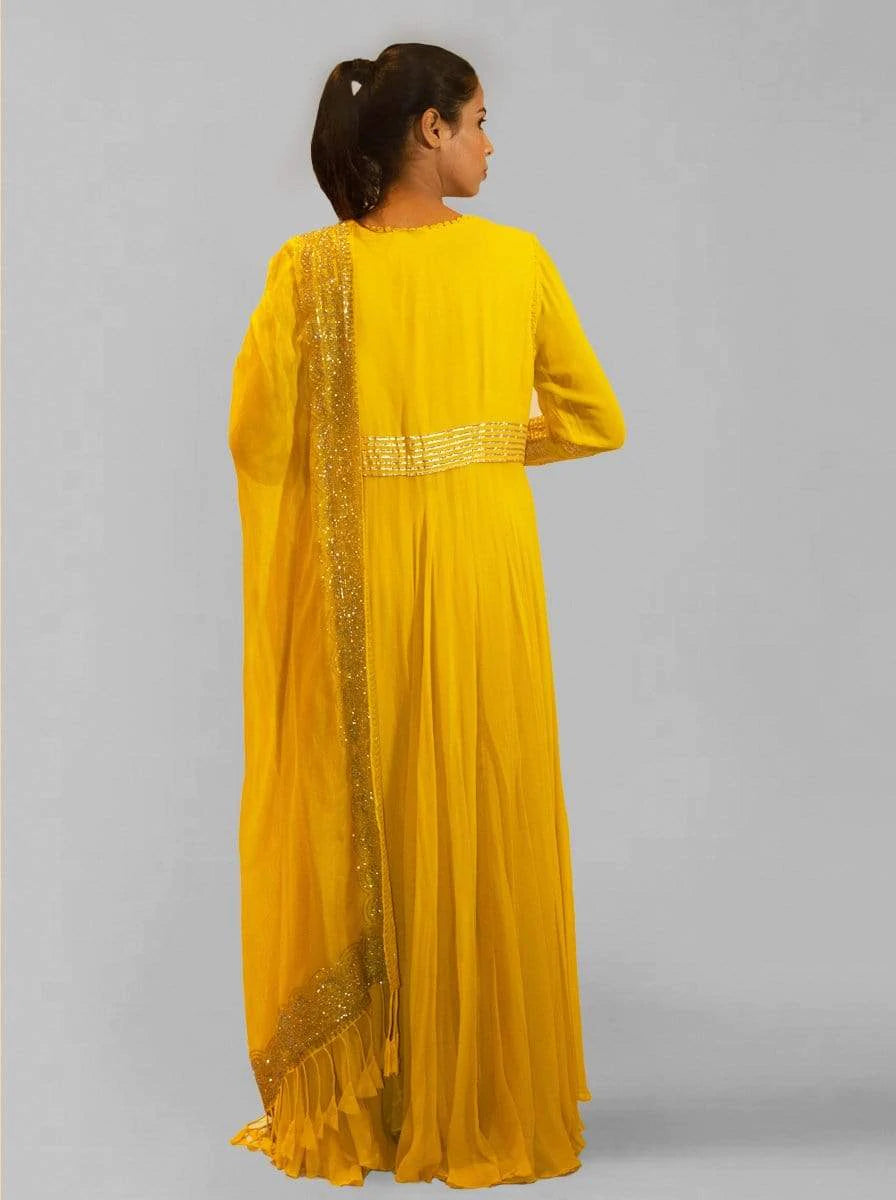 Yellow Asymmetrical Anarkali- Indian Clothing in Denver, CO and Aurora, CO- India Fashion X XXL