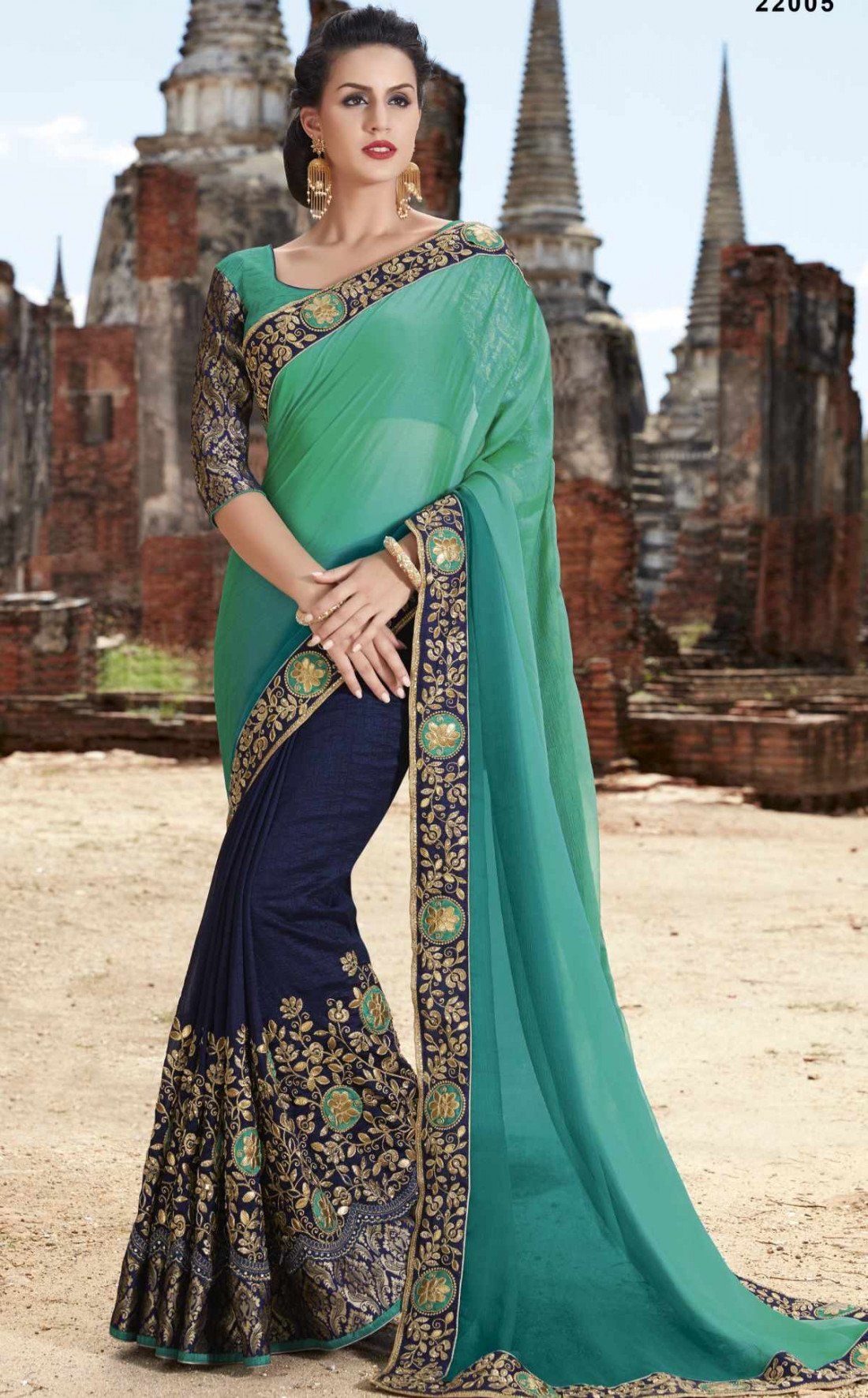 Dark nevy and teal half-half chiffon saree - Indian Clothing in Denver, CO, Aurora, CO, Boulder, CO, Fort Collins, CO, Colorado Springs, CO, Parker, CO, Highlands Ranch, CO, Cherry Creek, CO, Centennial, CO, and Longmont, CO. Nationwide shipping USA - India Fashion X