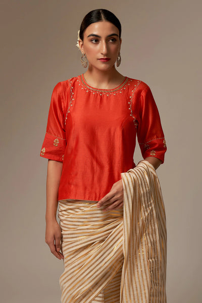 Orange Chanderi Silk Blouse - Indian Clothing in Denver, CO, Aurora, CO, Boulder, CO, Fort Collins, CO, Colorado Springs, CO, Parker, CO, Highlands Ranch, CO, Cherry Creek, CO, Centennial, CO, and Longmont, CO. Nationwide shipping USA - India Fashion X