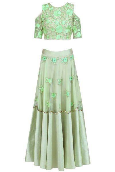 Pistachio Bloom Lehenga Set Indian Clothing in Denver, CO, Aurora, CO, Boulder, CO, Fort Collins, CO, Colorado Springs, CO, Parker, CO, Highlands Ranch, CO, Cherry Creek, CO, Centennial, CO, and Longmont, CO. NATIONWIDE SHIPPING USA- India Fashion X