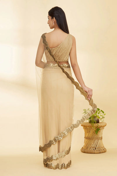 Beige Scalloped Hem Saree - Indian Clothing in Denver, CO, Aurora, CO, Boulder, CO, Fort Collins, CO, Colorado Springs, CO, Parker, CO, Highlands Ranch, CO, Cherry Creek, CO, Centennial, CO, and Longmont, CO. Nationwide shipping USA - India Fashion X
