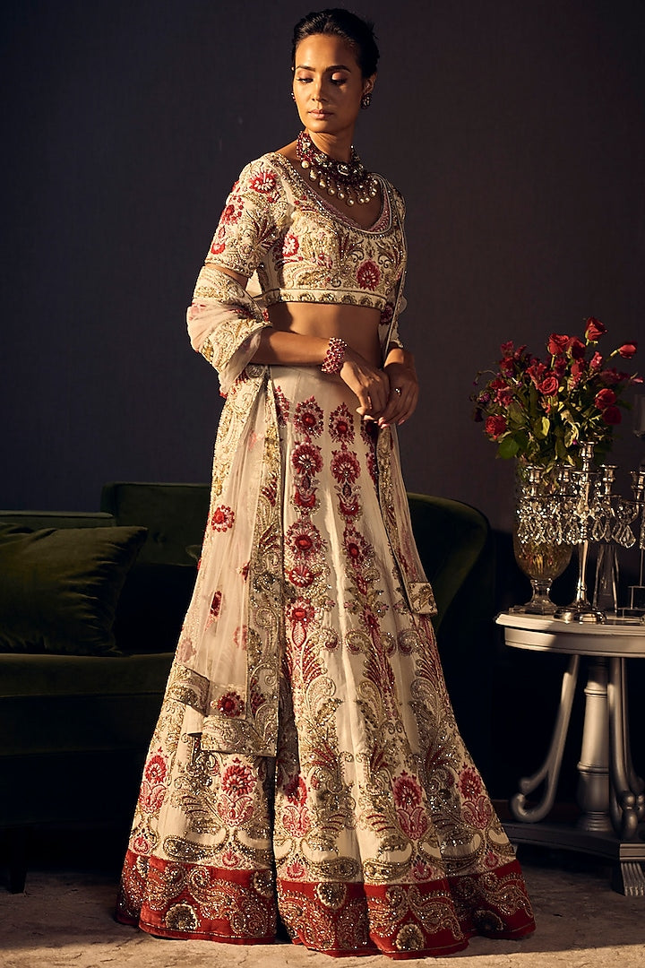 Ivory & Red Floral Lehenga Set - Indian Clothing in Denver, CO, Aurora, CO, Boulder, CO, Fort Collins, CO, Colorado Springs, CO, Parker, CO, Highlands Ranch, CO, Cherry Creek, CO, Centennial, CO, and Longmont, CO. Nationwide shipping USA - India Fashion X