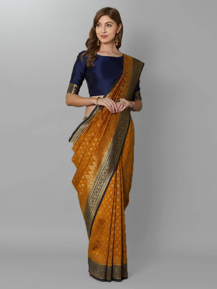 Apricot Orange and Navy Silk Saree - Indian Clothing in Denver, CO, Aurora, CO, Boulder, CO, Fort Collins, CO, Colorado Springs, CO, Parker, CO, Highlands Ranch, CO, Cherry Creek, CO, Centennial, CO, and Longmont, CO. Nationwide shipping USA - India Fashion X