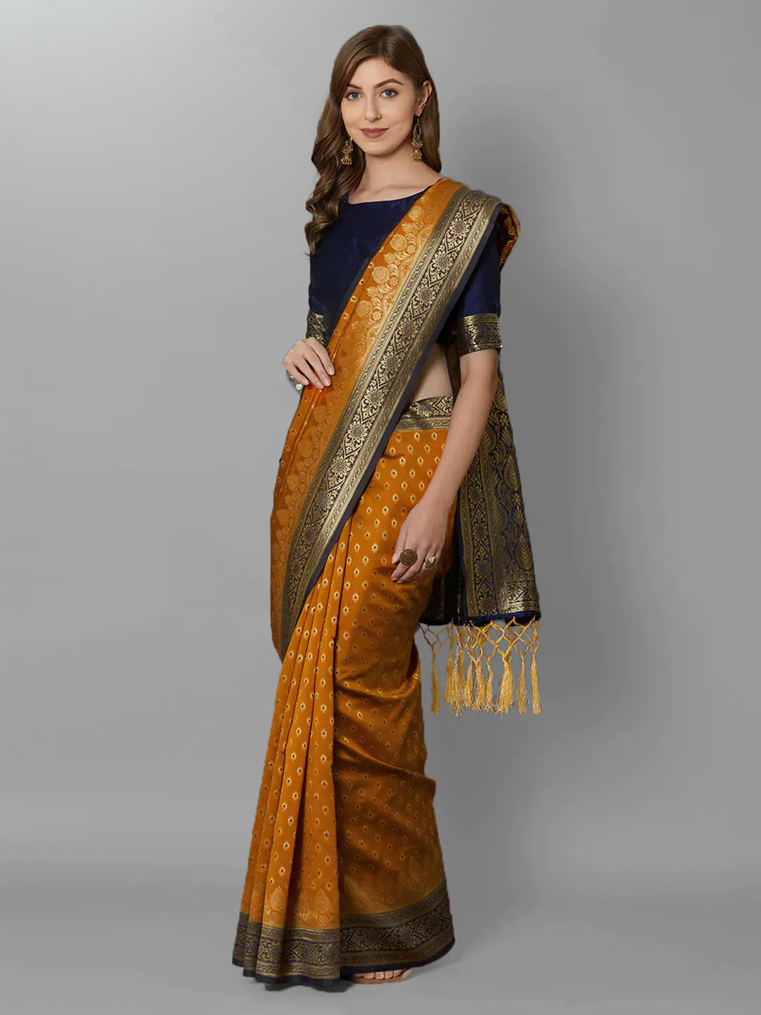 Apricot Orange and Navy Silk Saree - Indian Clothing in Denver, CO, Aurora, CO, Boulder, CO, Fort Collins, CO, Colorado Springs, CO, Parker, CO, Highlands Ranch, CO, Cherry Creek, CO, Centennial, CO, and Longmont, CO. Nationwide shipping USA - India Fashion X