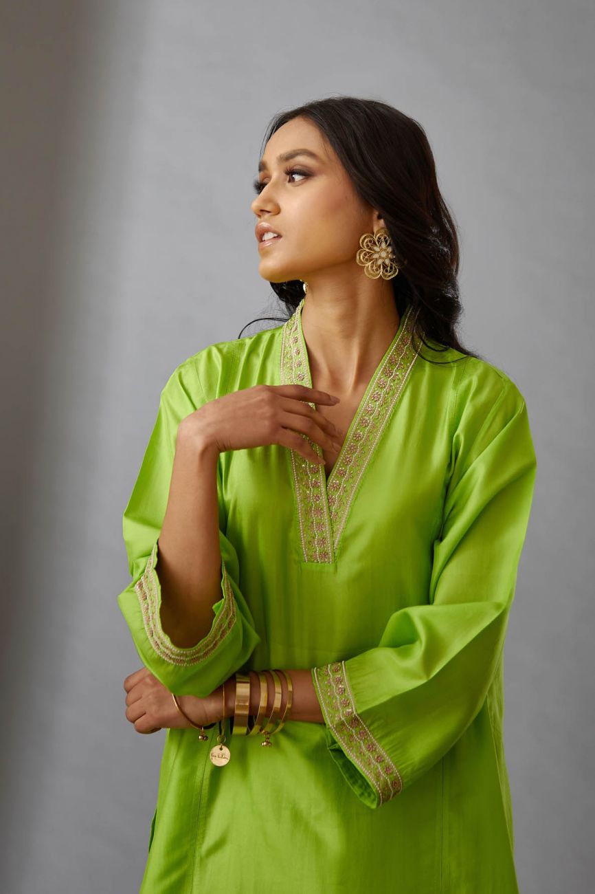 Lime Hand Embroidered Tunic Set - Indian Clothing in Denver, CO, Aurora, CO, Boulder, CO, Fort Collins, CO, Colorado Springs, CO, Parker, CO, Highlands Ranch, CO, Cherry Creek, CO, Centennial, CO, and Longmont, CO. Nationwide shipping USA - India Fashion X