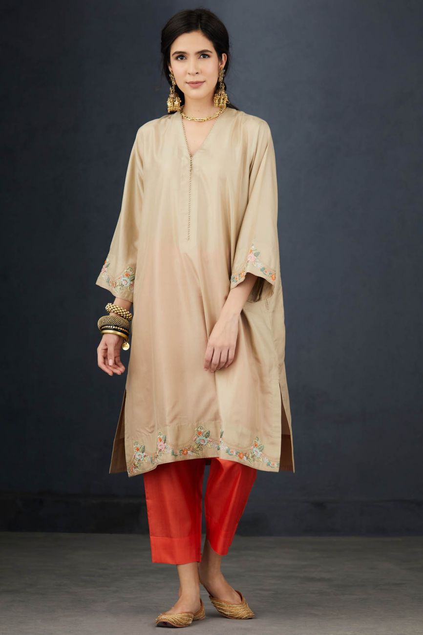Oat And Coral Embroidered Tunic Set - Indian Clothing in Denver, CO, Aurora, CO, Boulder, CO, Fort Collins, CO, Colorado Springs, CO, Parker, CO, Highlands Ranch, CO, Cherry Creek, CO, Centennial, CO, and Longmont, CO. Nationwide shipping USA - India Fashion X
