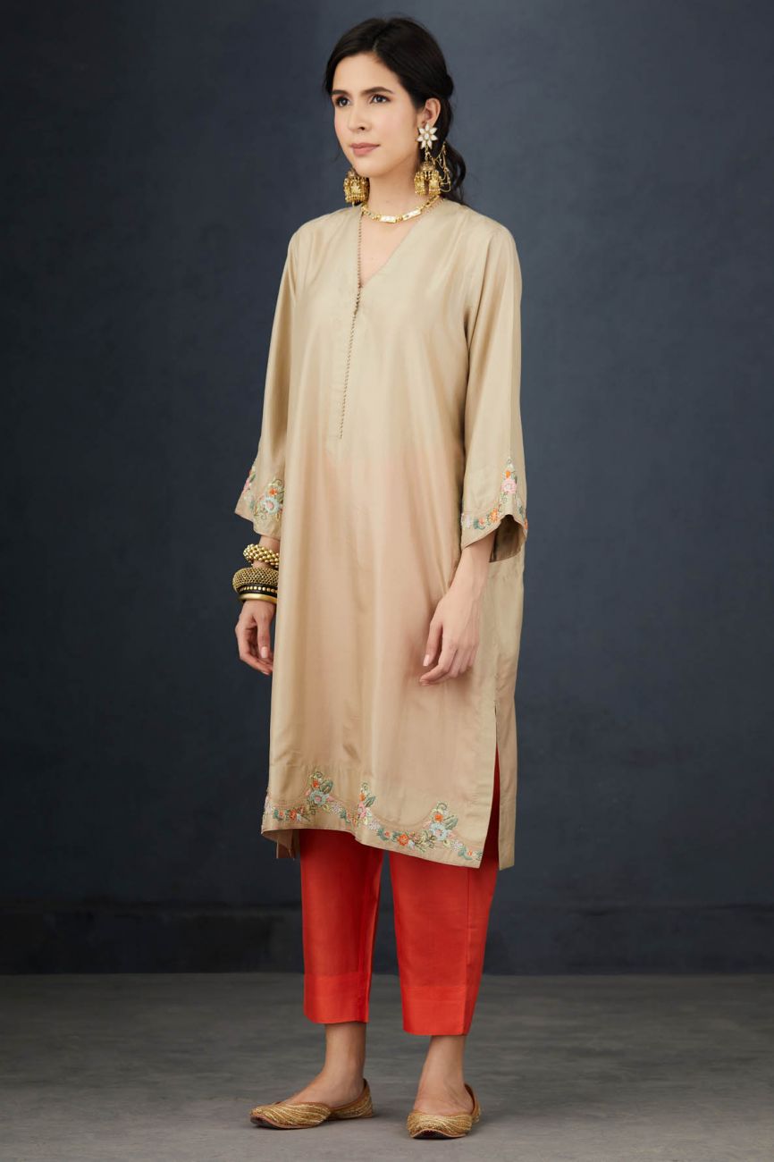 Oat And Coral Embroidered Tunic Set - Indian Clothing in Denver, CO, Aurora, CO, Boulder, CO, Fort Collins, CO, Colorado Springs, CO, Parker, CO, Highlands Ranch, CO, Cherry Creek, CO, Centennial, CO, and Longmont, CO. Nationwide shipping USA - India Fashion X