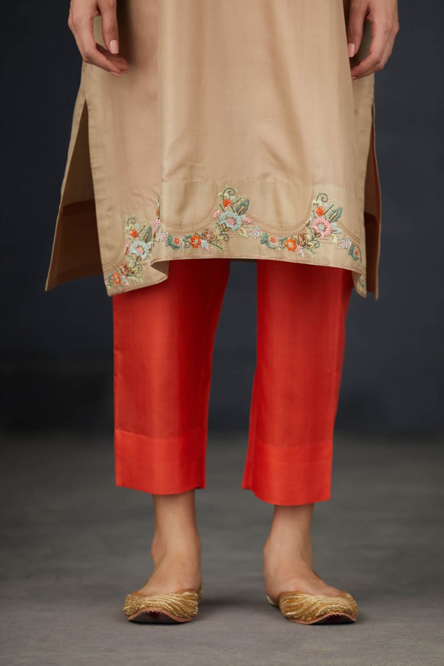 Oat And Coral Embroidered Tunic Set - Indian Clothing in Denver, CO, Aurora, CO, Boulder, CO, Fort Collins, CO, Colorado Springs, CO, Parker, CO, Highlands Ranch, CO, Cherry Creek, CO, Centennial, CO, and Longmont, CO. Nationwide shipping USA - India Fashion X