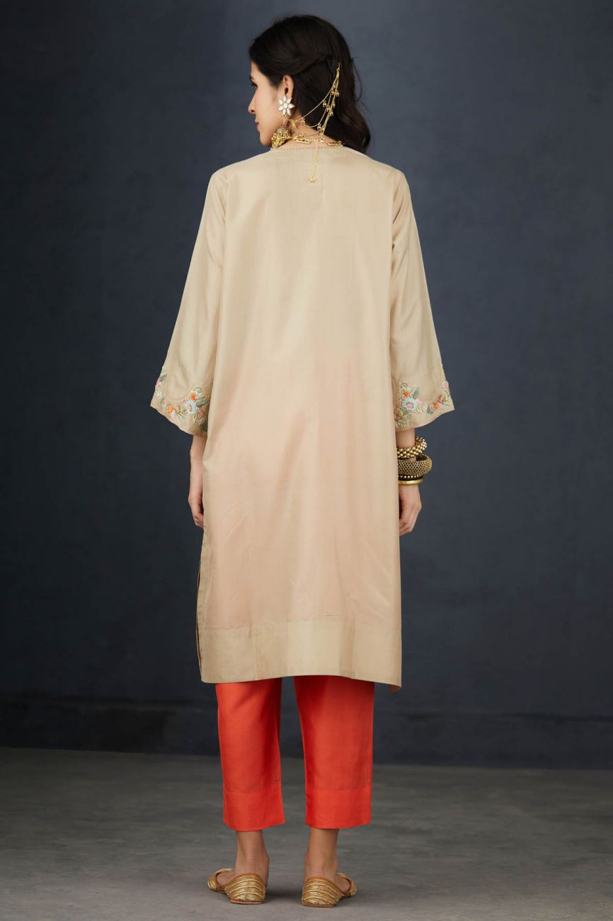 Oat And Coral Embroidered Tunic Set - Indian Clothing in Denver, CO, Aurora, CO, Boulder, CO, Fort Collins, CO, Colorado Springs, CO, Parker, CO, Highlands Ranch, CO, Cherry Creek, CO, Centennial, CO, and Longmont, CO. Nationwide shipping USA - India Fashion X