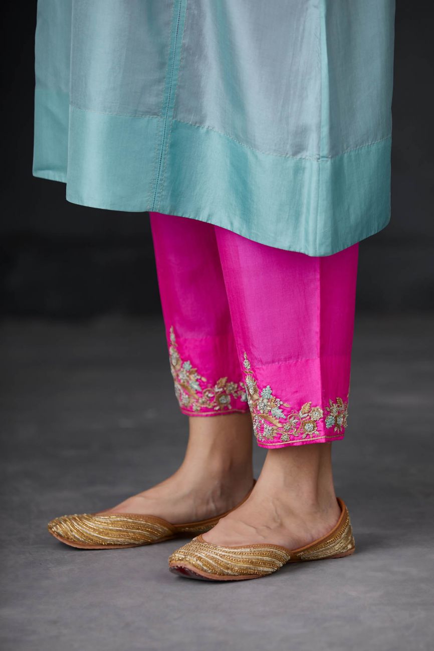 Aqua And Pink Embroidered Tunic Set - Indian Clothing in Denver, CO, Aurora, CO, Boulder, CO, Fort Collins, CO, Colorado Springs, CO, Parker, CO, Highlands Ranch, CO, Cherry Creek, CO, Centennial, CO, and Longmont, CO. Nationwide shipping USA - India Fashion X