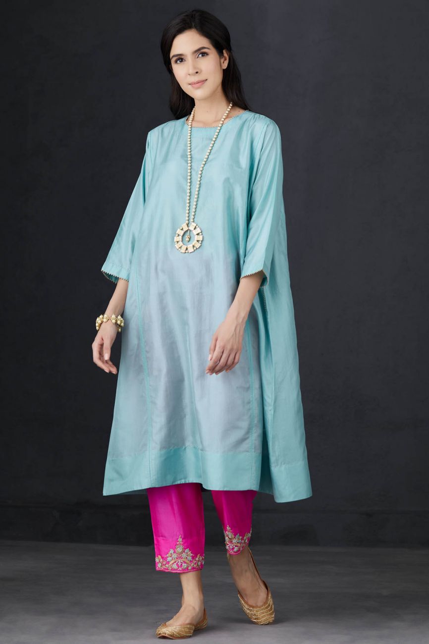 Aqua And Pink Embroidered Tunic Set - Indian Clothing in Denver, CO, Aurora, CO, Boulder, CO, Fort Collins, CO, Colorado Springs, CO, Parker, CO, Highlands Ranch, CO, Cherry Creek, CO, Centennial, CO, and Longmont, CO. Nationwide shipping USA - India Fashion X