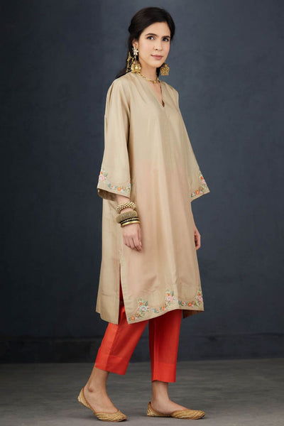 Oat And Coral Embroidered Tunic Set - Indian Clothing in Denver, CO, Aurora, CO, Boulder, CO, Fort Collins, CO, Colorado Springs, CO, Parker, CO, Highlands Ranch, CO, Cherry Creek, CO, Centennial, CO, and Longmont, CO. Nationwide shipping USA - India Fashion X