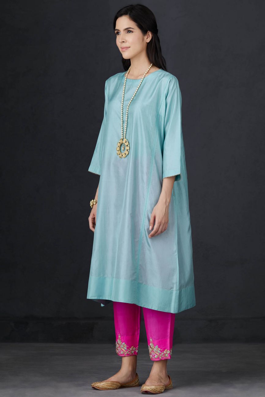 Aqua And Pink Embroidered Tunic Set - Indian Clothing in Denver, CO, Aurora, CO, Boulder, CO, Fort Collins, CO, Colorado Springs, CO, Parker, CO, Highlands Ranch, CO, Cherry Creek, CO, Centennial, CO, and Longmont, CO. Nationwide shipping USA - India Fashion X