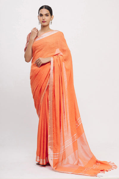 Orange Linen Blend Saree - Indian Clothing in Denver, CO, Aurora, CO, Boulder, CO, Fort Collins, CO, Colorado Springs, CO, Parker, CO, Highlands Ranch, CO, Cherry Creek, CO, Centennial, CO, and Longmont, CO. Nationwide shipping USA - India Fashion X