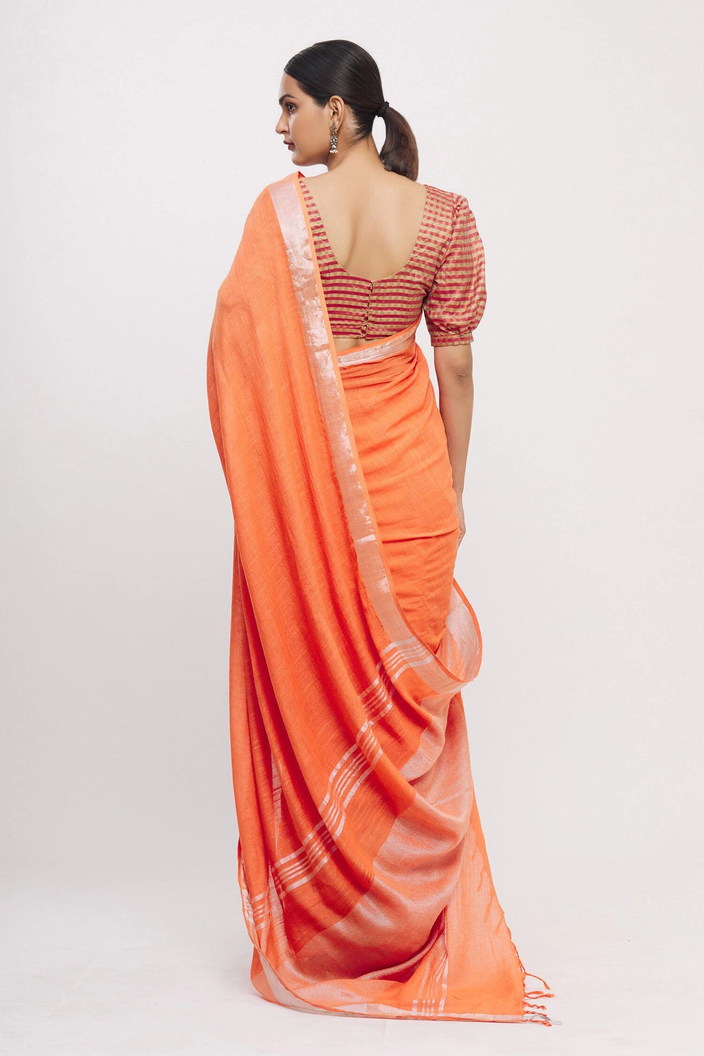 Orange Linen Blend Saree - Indian Clothing in Denver, CO, Aurora, CO, Boulder, CO, Fort Collins, CO, Colorado Springs, CO, Parker, CO, Highlands Ranch, CO, Cherry Creek, CO, Centennial, CO, and Longmont, CO. Nationwide shipping USA - India Fashion X