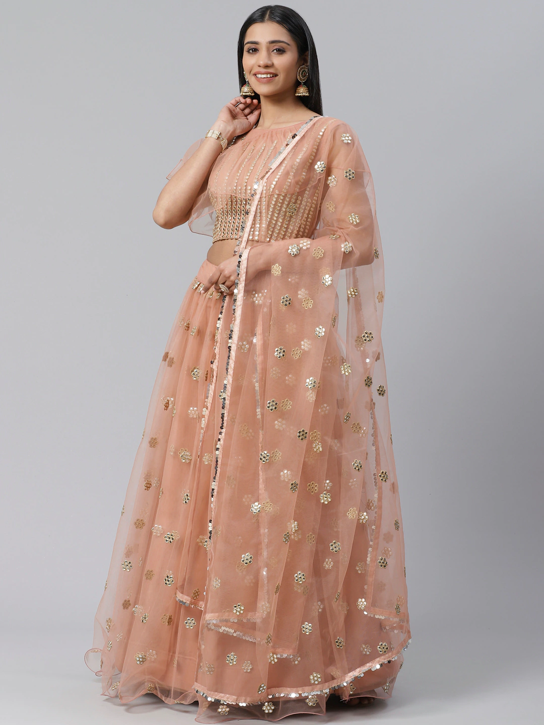 Peach Mirror Lehenga Set - Indian Clothing in Denver, CO, Aurora, CO, Boulder, CO, Fort Collins, CO, Colorado Springs, CO, Parker, CO, Highlands Ranch, CO, Cherry Creek, CO, Centennial, CO, and Longmont, CO. Nationwide shipping USA - India Fashion X