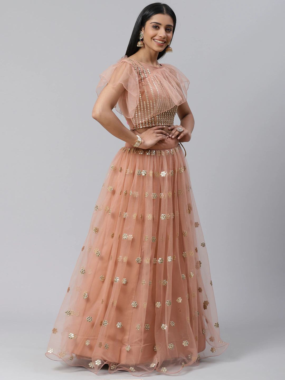 Peach Mirror Lehenga Set - Indian Clothing in Denver, CO, Aurora, CO, Boulder, CO, Fort Collins, CO, Colorado Springs, CO, Parker, CO, Highlands Ranch, CO, Cherry Creek, CO, Centennial, CO, and Longmont, CO. Nationwide shipping USA - India Fashion X