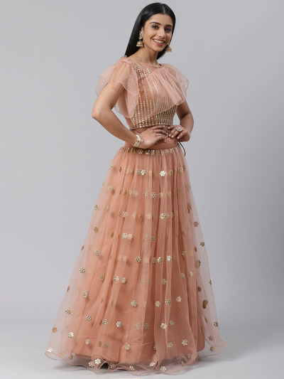 Peach Mirror Lehenga Set - Indian Clothing in Denver, CO, Aurora, CO, Boulder, CO, Fort Collins, CO, Colorado Springs, CO, Parker, CO, Highlands Ranch, CO, Cherry Creek, CO, Centennial, CO, and Longmont, CO. Nationwide shipping USA - India Fashion X