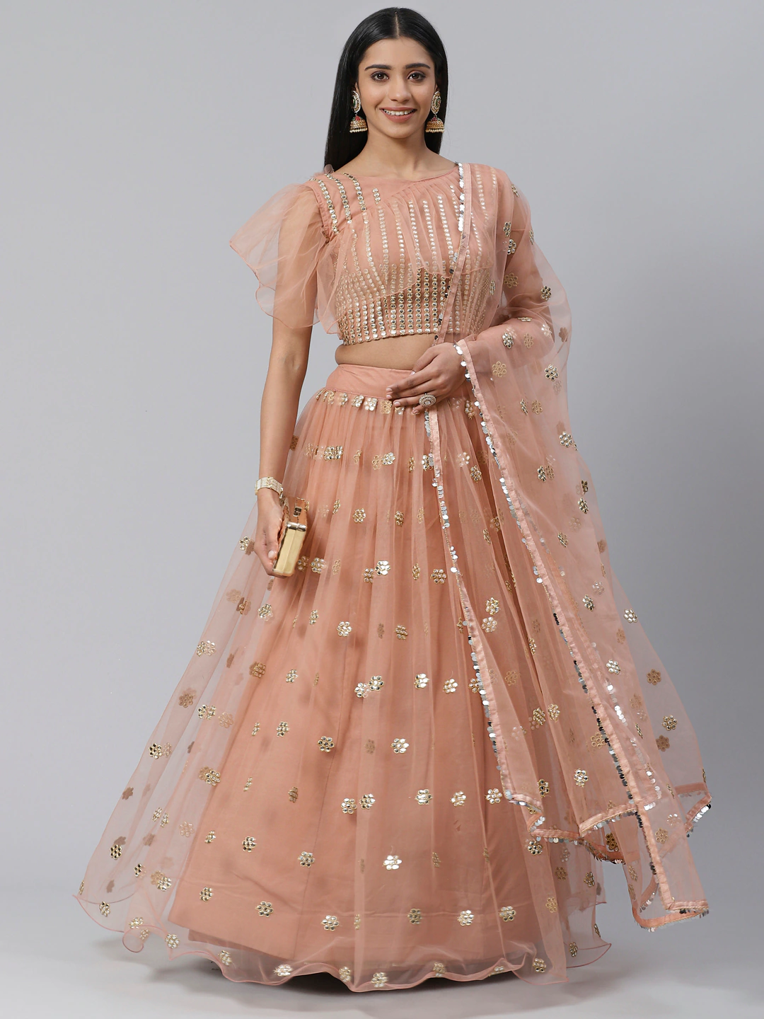 Peach Mirror Lehenga Set - Indian Clothing in Denver, CO, Aurora, CO, Boulder, CO, Fort Collins, CO, Colorado Springs, CO, Parker, CO, Highlands Ranch, CO, Cherry Creek, CO, Centennial, CO, and Longmont, CO. Nationwide shipping USA - India Fashion X