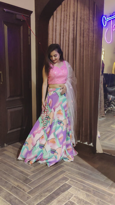 Pink Contemporary Print Lehenga- Indian Clothing in Denver, CO, Aurora, CO, Boulder, CO, Fort Collins, CO, Colorado Springs, CO, Parker, CO, Centennial, CO, Cherry Creek, CO, Highlands Ranch, CO and Longmont, CO. NATIONWIDE SHIPPING USA - India Fashion X