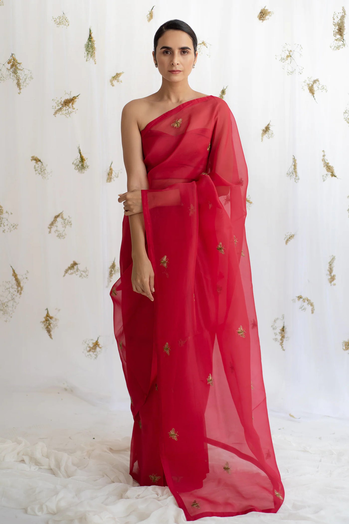 Bee Zardosi Saree - Rosso Red - Indian Clothing in Denver, CO, Aurora, CO, Boulder, CO, Fort Collins, CO, Colorado Springs, CO, Parker, CO, Highlands Ranch, CO, Cherry Creek, CO, Centennial, CO, and Longmont, CO. Nationwide shipping USA - India Fashion X