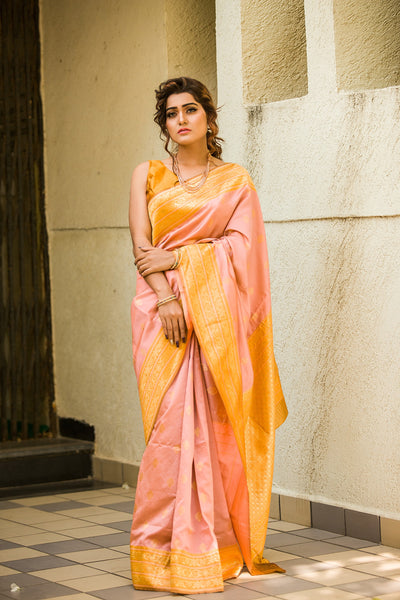 Soft Pink and Mango Silk Saree - Indian Clothing in Denver, CO, Aurora, CO, Boulder, CO, Fort Collins, CO, Colorado Springs, CO, Parker, CO, Highlands Ranch, CO, Cherry Creek, CO, Centennial, CO, and Longmont, CO. Nationwide shipping USA - India Fashion X