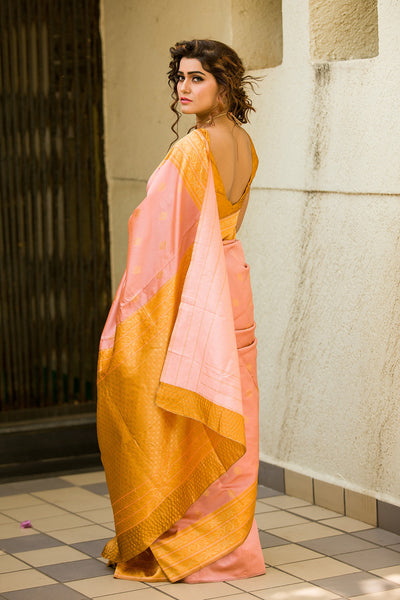 Soft Pink and Mango Silk Saree - Indian Clothing in Denver, CO, Aurora, CO, Boulder, CO, Fort Collins, CO, Colorado Springs, CO, Parker, CO, Highlands Ranch, CO, Cherry Creek, CO, Centennial, CO, and Longmont, CO. Nationwide shipping USA - India Fashion X